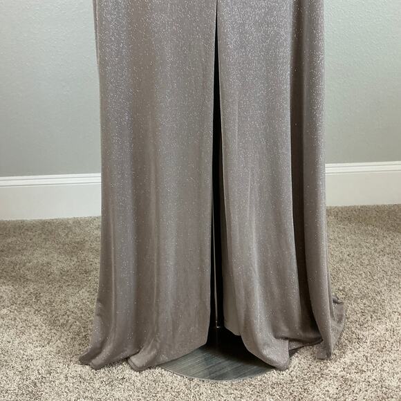 Eliza J Gold Metallic Long Sleeve Evening Gown Size 10 Ruched Thigh Slit Formal - Picture 9 of 14